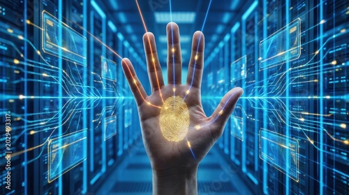 Human hand showing a glowing fingerprint and light rays connecting to a futuristic data center with server racks, visualizing biometric security and digital authentication