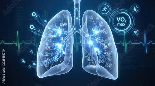 Human lungs with glowing alveoli and oxygen molecules moving in and out, vo2 max readout and biometric data overlay on a dark blue background representing respiratory health and performance