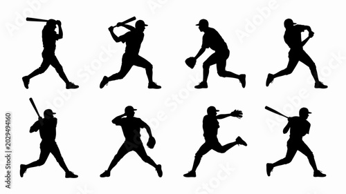 Принти на полотні baseball player silhouettes in action poses set of eight isolated figures on whi