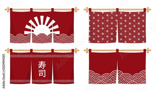 Fotografía Red Japanese restaurant fabric banners collection with patterns and sushi kanji