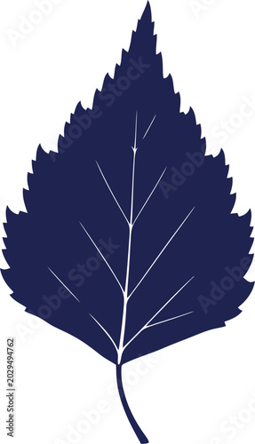 A single dark blue leaf illustration with simple white veins