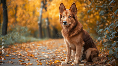 Fluffy German Shepherd dog sitting on path in autumn forest with yellow leaves