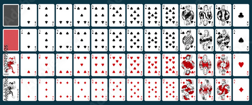 Bild auf Leinwand Complete playing cards deck with 54 cards, all suits and back design in black and red engraving style