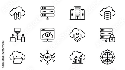 Set of 12 Cloud Computing and Server Line Icons Featuring Data Storage, Network Security, API, Global Connectivity, and Database Management in a Minimalist Vector Style with Uniform Stroke Width.