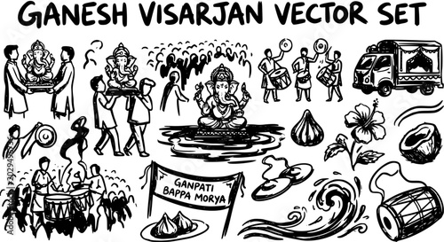 Bild auf Leinwand Black and White Line Art Vector Set of Ganesh Visarjan Festival Elements