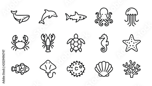 Set of 15 Minimalist Marine Life and Ocean Animal Line Icons Including Whale, Dolphin, Shark, Octopus, Jellyfish, Crab, Lobster, Sea Turtle, Seahorse, Starfish, Clownfish, Stingray, and Pufferfish.