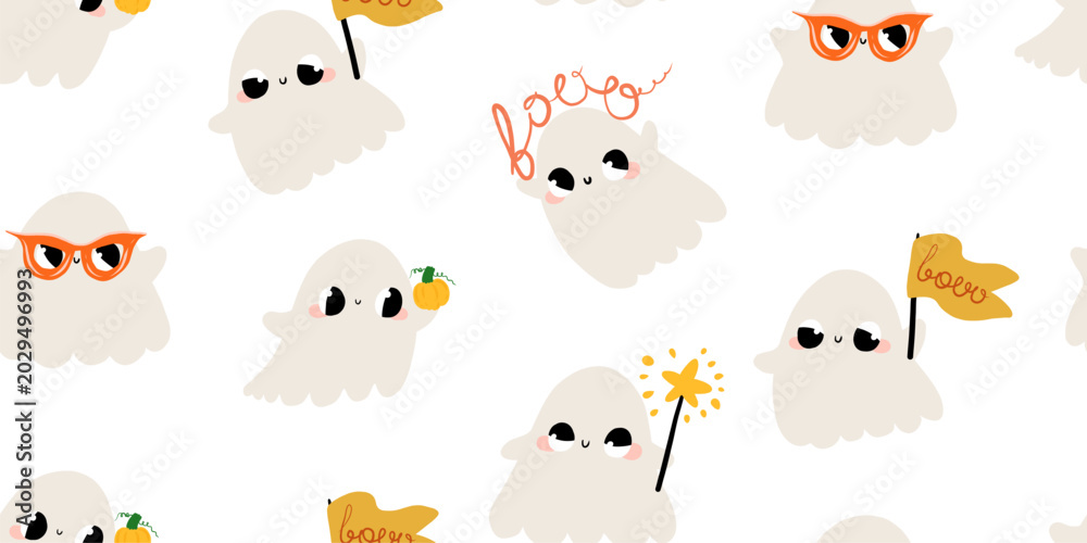 Fototapeta premium Cute Halloween ghosts seamless pattern on white background Funny hand drawn spooky characters background for kids fabric wrapping paper wallpaper
