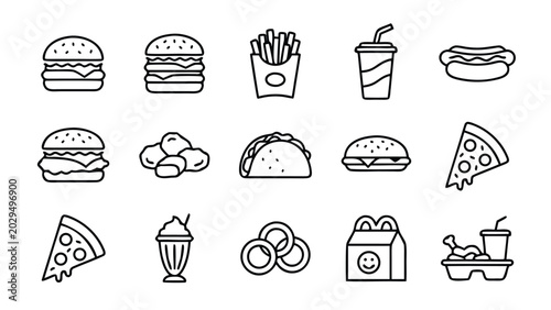 Vector Set of Fast Food and Burger Meals Line Icons in Minimalistic Style Featuring Pizza Slices, French Fries, Hot Dog, Taco, Chicken Nuggets, Milkshake, Onion Rings, and Soda Cup on White Background