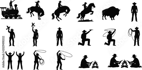 Foto Wild West cowboy silhouette illustration set, horse rider bison steam locomotive