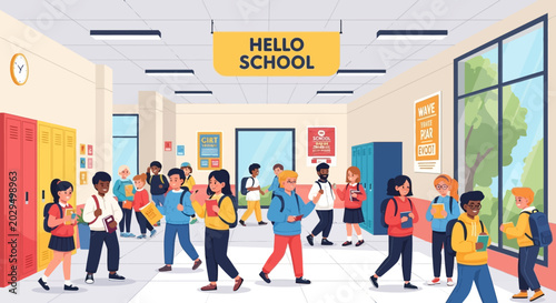Diverse Students Walking in School Hallway with Lockers
