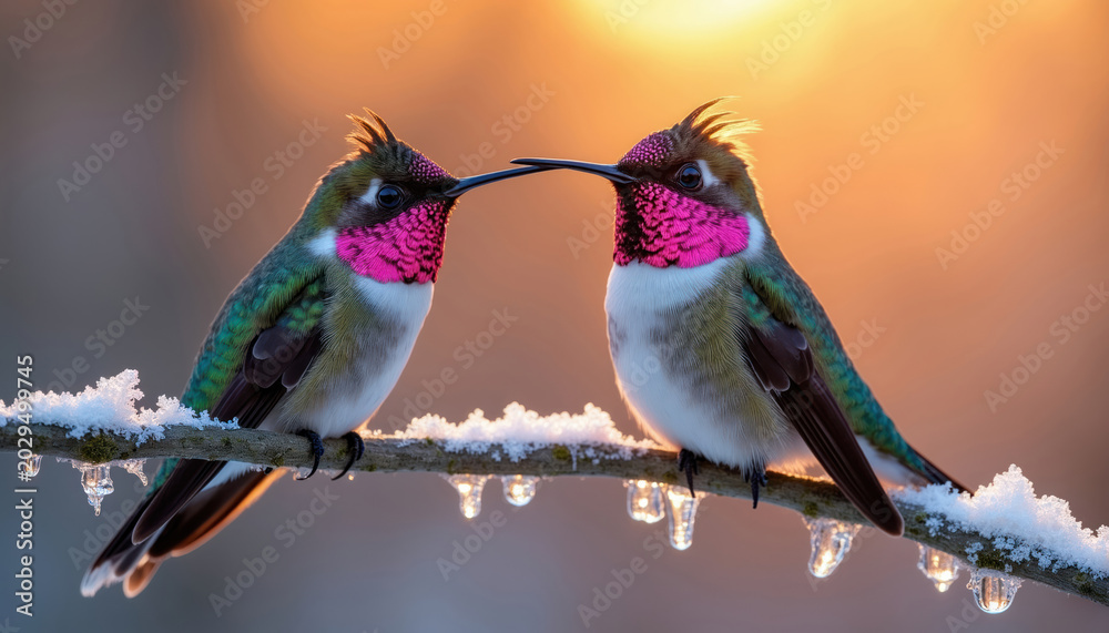 Fototapeta premium Two small hummingbirds with vibrant pink throats perch on frosted branch. Delicate birds face each other with beaks touching. Winter sunrise creates warm glow on tiny avian pair.