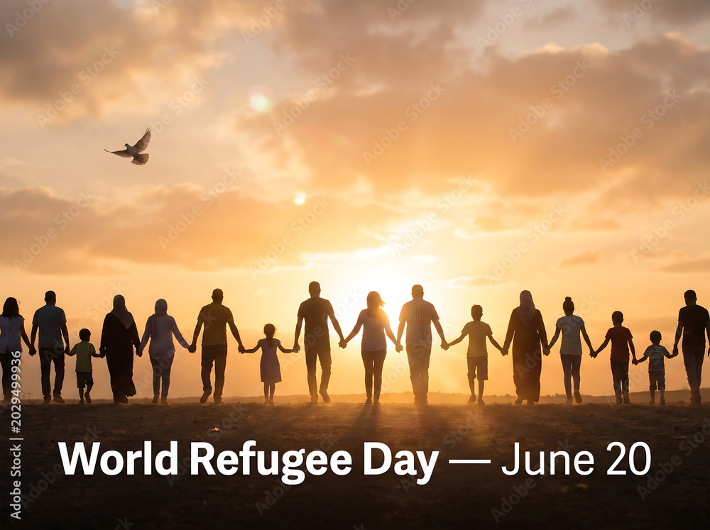Fototapeta premium Diverse Group of People Holding Hands at Sunset Celebrating World Refugee Day
