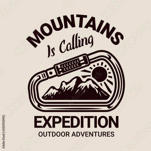 Outdoor adventure emblem featuring carabiner and alpine landscape, vintage style vector artwork ideal for expedition and survival branding