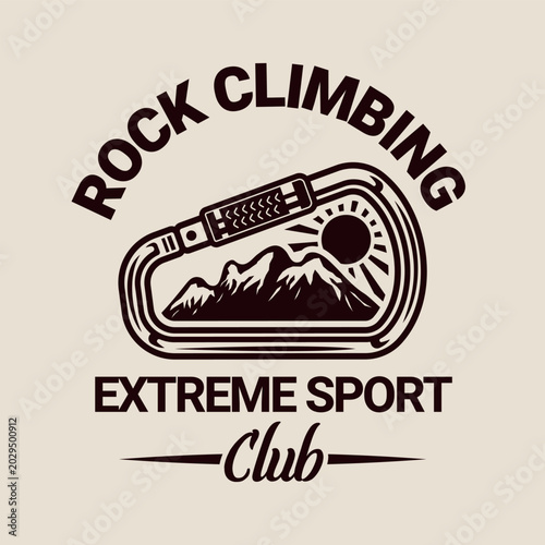 Vintage carabiner emblem with mountains and sun, detailed outdoor adventure vector design perfect for climbing, hiking, and camping brands