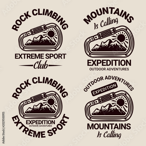 Set of vintage carabiner emblems with mountains and sun, detailed outdoor adventure vector design perfect for climbing, hiking, and camping brands