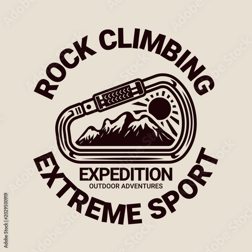 Retro climbing badge with carabiner, mountain peaks and sunrise, engraved vector illustration for travel, trekking, and wilderness themes