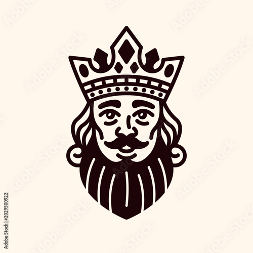 King head front view in gambling card style, detailed outline vector illustration perfect for casino emblems, poker themes, and vintage badges