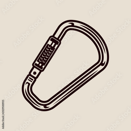 Vintage carabiner or spring hook vector illustration in engraving style, detailed monochrome design for outdoor, climbing, and hardware themes