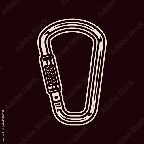 Antique metal carabiner clip in retro engraved style, high quality vector artwork ideal for camping, nautical, and industrial projects