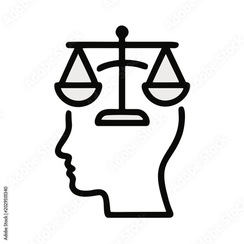 Bild auf Leinwand Simple Outline Lineart Head Silhouette with Balance Scale Symbol Inside represen