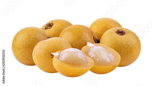 Konstfotografi Group of ripe longan fruits, one cut in half showing pulp