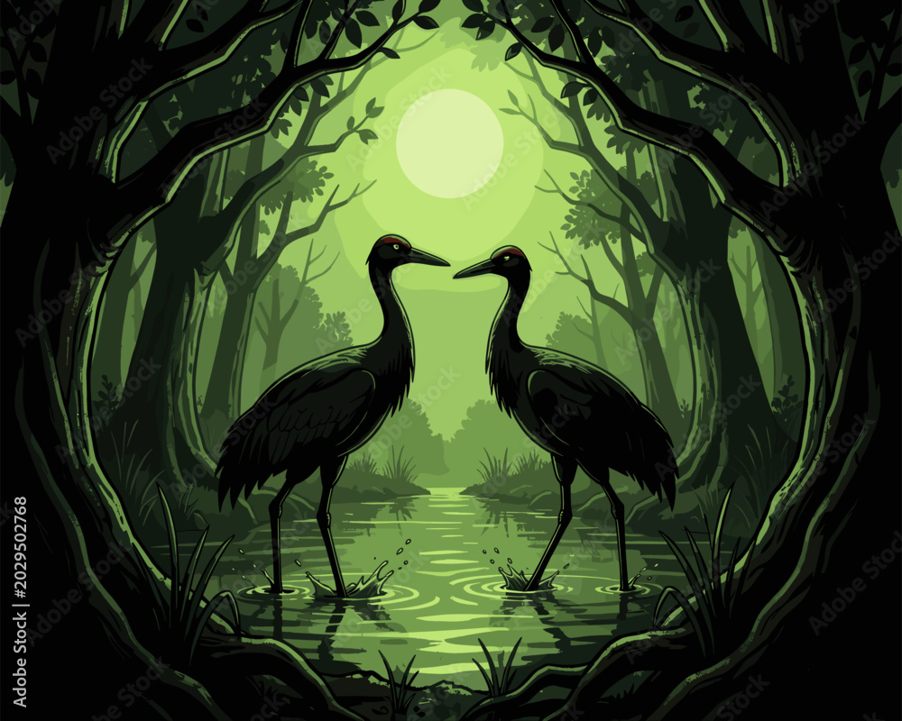 Naklejka premium Two Cranes Standing in Moonlit Swamp Surrounded by Dense Forest Trees