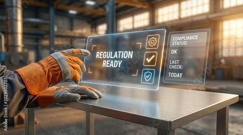 Regulation ready compliance status interface with gloves adjusting digital screen in industrial warehouse environment showing safety and quality control