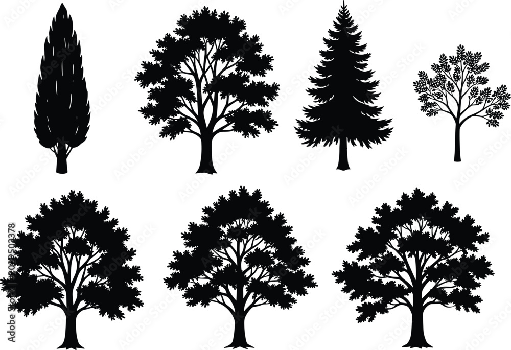 Fototapeta premium Tree silhouette illustrations, botanical forest artwork, diverse foliage design collection, black white figure set, stylized nature profiles