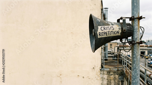 Crisis repetition message on old megaphone attached to metal pole with urban background, symbolizing warning and communication in emergency situations