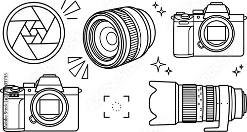 Foto Professional Camera Gear Icon Set featuring Mirrorless Bodies Telephoto Zoom Len