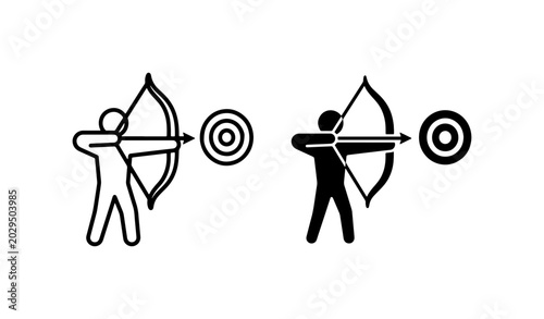 Archery icon set, archer aiming at target, bow and arrow vector symbols