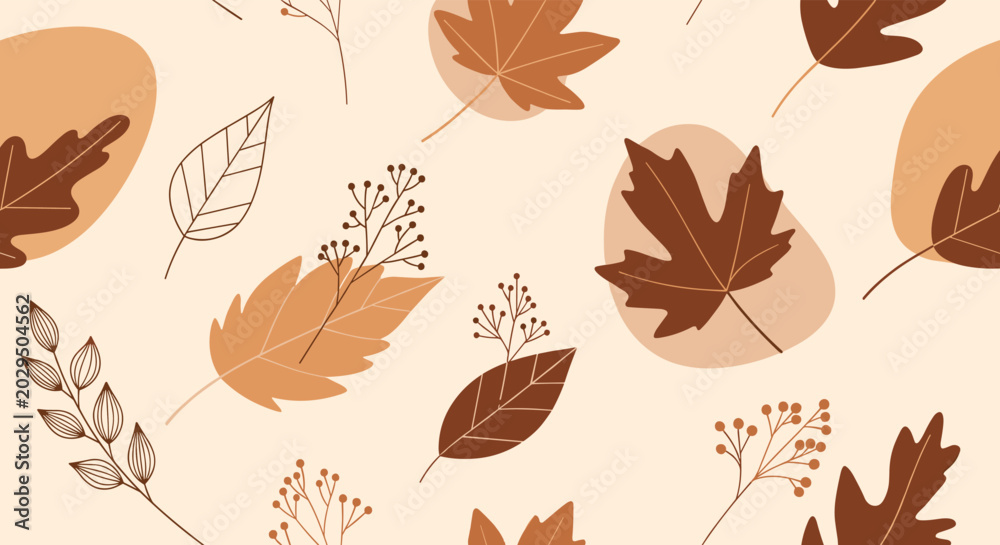 Fototapeta premium Seamless autumn pattern with various fallen leaves and berries in warm earthy tones on a light cream background for seasonal art.