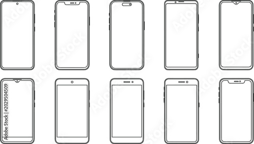 Fotografía Collection of smartphone front outline designs showing various notch, bezel, and