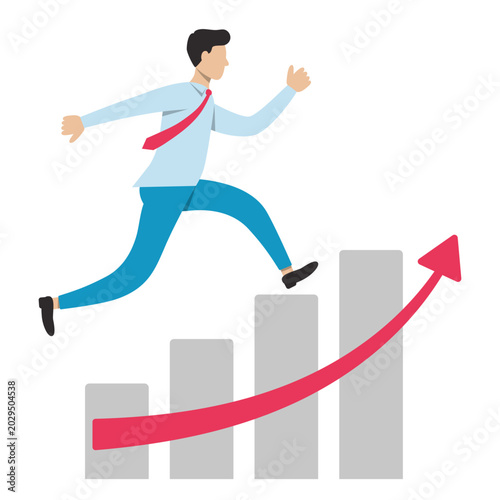 Businessman running up financial chart. Successful man jumping high over growing bar graph with red arrow. Career success, profit concept. Isolated object, white background.