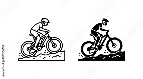 Mountain bike icon set, cyclist riding on trail, black vector silhouettes