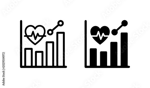 Fitness data icons, heart rate bar chart, workout progress vector set