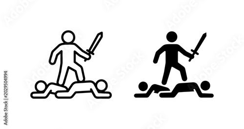 Foto Victory Icon Set, Conqueror Standing Over Fallen Opponents, Silhouette and Outli