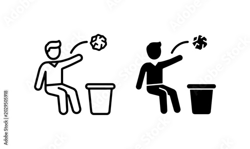 Canvastavla Man Throwing Trash in Bin, Sitting Person Discarding Waste, Recycling Icon Set,