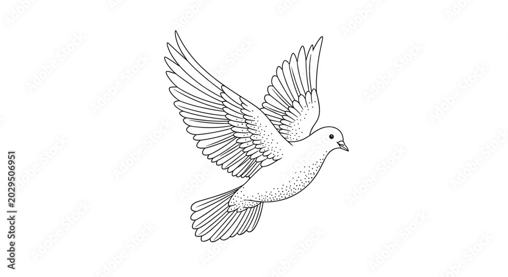 Obraz premium Elegant black and white line art illustration of a pigeon in flight with spread wings isolated on white background.