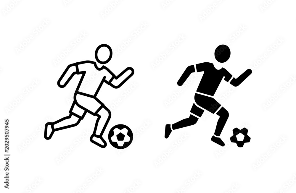 Fototapeta premium Soccer Player Icon Set, Dynamic Action Silhouette and Outline Graphics for Sports and Fitness Themes, Vector Illustrations