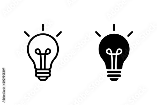 Light Bulb Icons Set: Bright Idea Symbol, Innovation Concept, Energy Solution, Creative Thinking, Simple Outline and Solid Black Vector Graphics