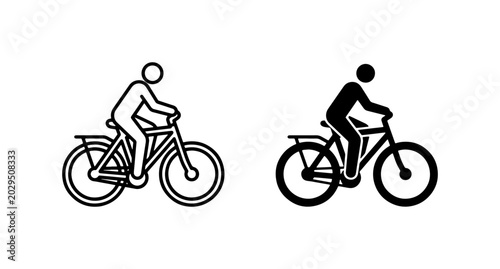 Simple Bicycle Rider Icons, Vector Set: Outline and Silhouette of Cyclist on Bike for Sport, Travel, and Lifestyle Graphics