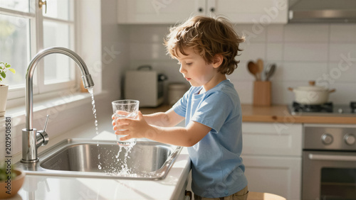 Happy Little Boy Filling Glass with Fresh Water at Kitchen Sink