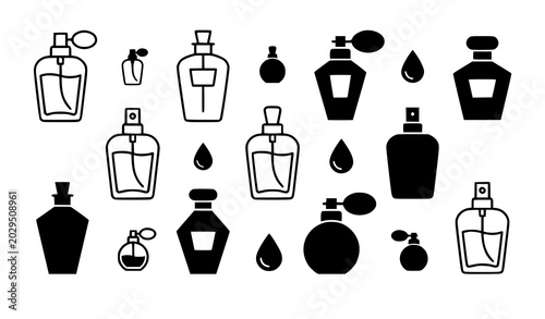 Foto Perfume bottle icon set vector outline fragrance symbols isolated on white