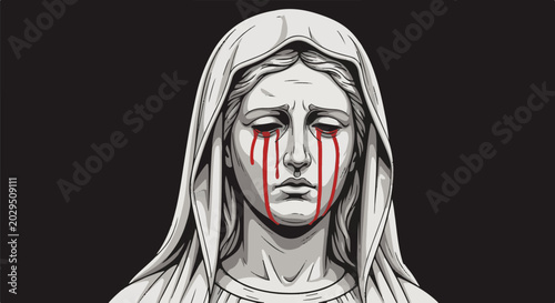 A monochrome statue of a weeping figure with blood dripping from its eyes