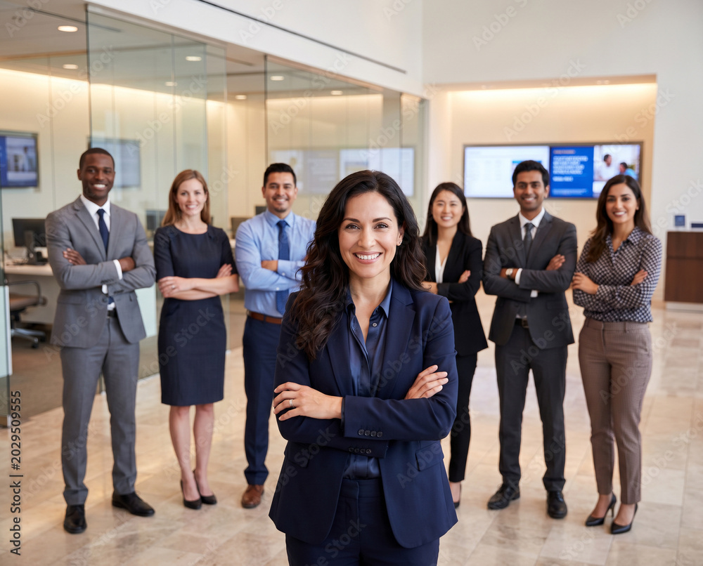Obraz premium Diverse banking team standing in modern premium bank office with confident female financial advisor in foreground, bankers and investment consultants, professional finance workplace corporate portrait