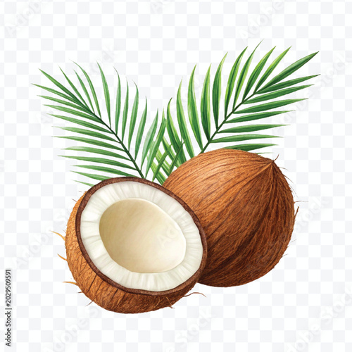Photos whole and slice coconut with green leaves isolated on white background