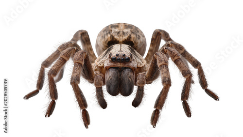 Brown fuzzy spider with eight legs and multiple eyes