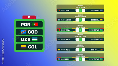 World Soccer Football Championship Group K Stage Fixtures Schedule Vector Illustration