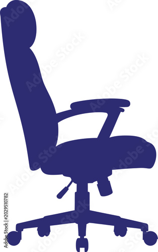 Dark blue silhouette of an ergonomic office chair with wheels for workspace and business interior design projects